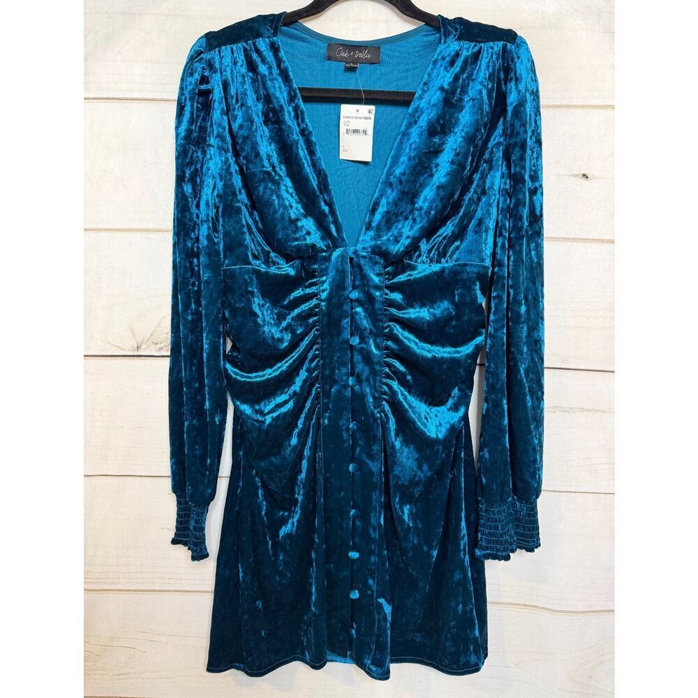 Oak & Trellis NWT Teal Velvet Dress Sz LG Nordstrom Party‎ Fun Flirty Buttons
